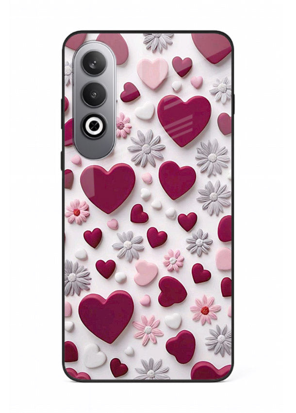 Heart and blossom artwork on OnePlus Nord CE4 glass back cover with cute romantic detailing.