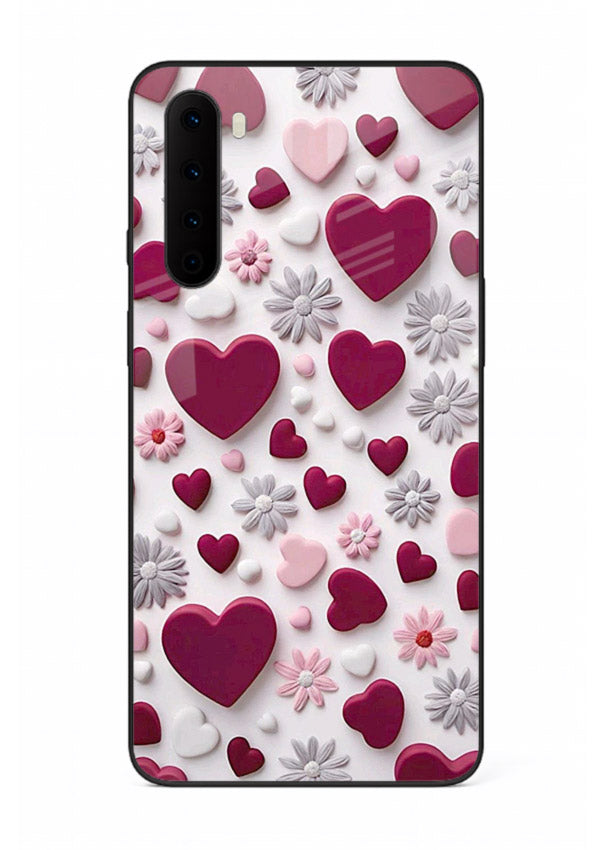 Heart and blossom artwork on OnePlus Nord glass back cover with cute romantic detailing.