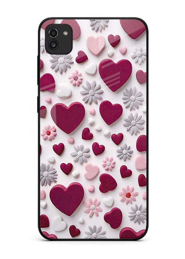 Heart and blossom artwork on Samsung A03 glass back cover with cute romantic detailing.