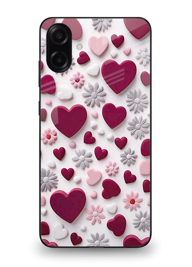 Heart and blossom artwork on Samsung A07 4G glass back cover with cute romantic detailing.