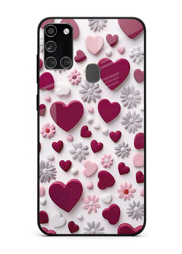 Heart and blossom artwork on Samsung A21s glass back cover with cute romantic detailing.