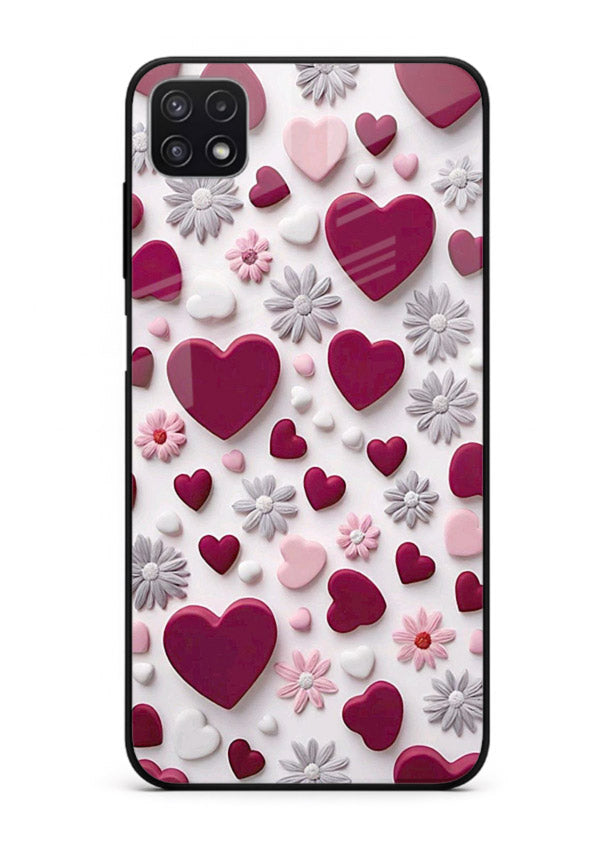 Heart and blossom artwork on Samsung F42 5G glass back cover with cute romantic detailing.