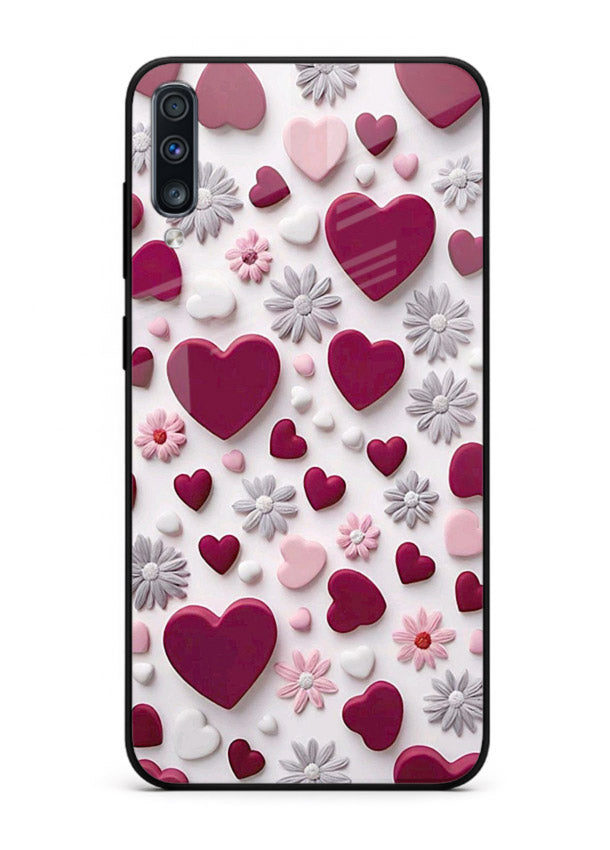 Heart and blossom artwork on Samsung A50 glass back cover with cute romantic detailing.
