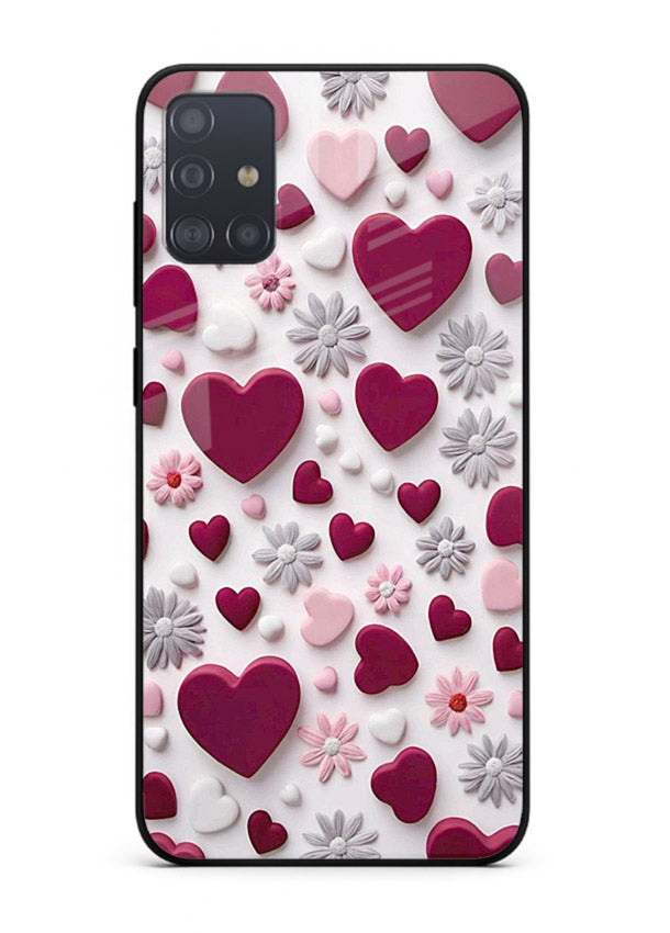 Heart and blossom artwork on Samsung A71 glass back cover with cute romantic detailing.