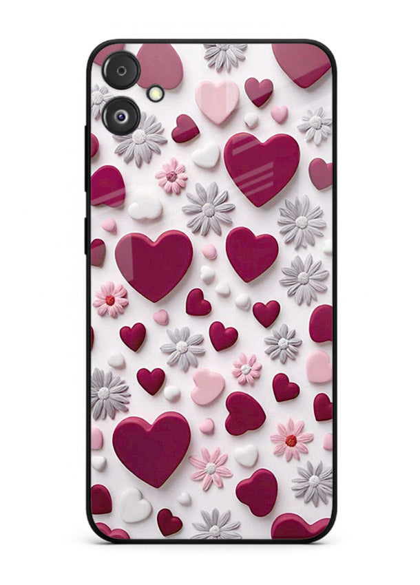 Heart and blossom artwork on Samsung F14 5G glass back cover with cute romantic detailing.
