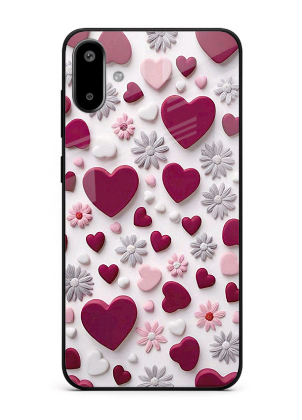 Heart and blossom artwork on Samsung F06 5G glass back cover with cute romantic detailing.