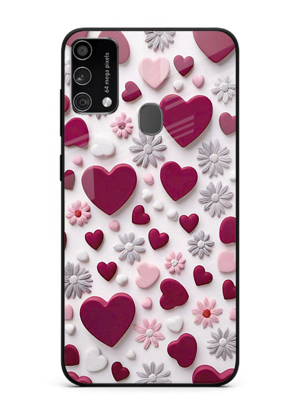 Heart and blossom artwork on Samsung F41 glass back cover with cute romantic detailing.