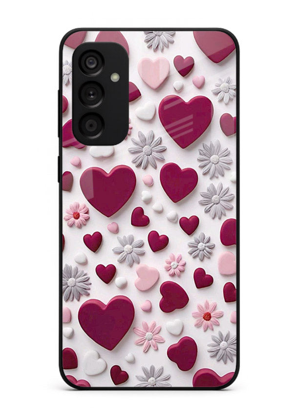 Heart and blossom artwork on Samsung A15 5G glass back cover with cute romantic detailing.