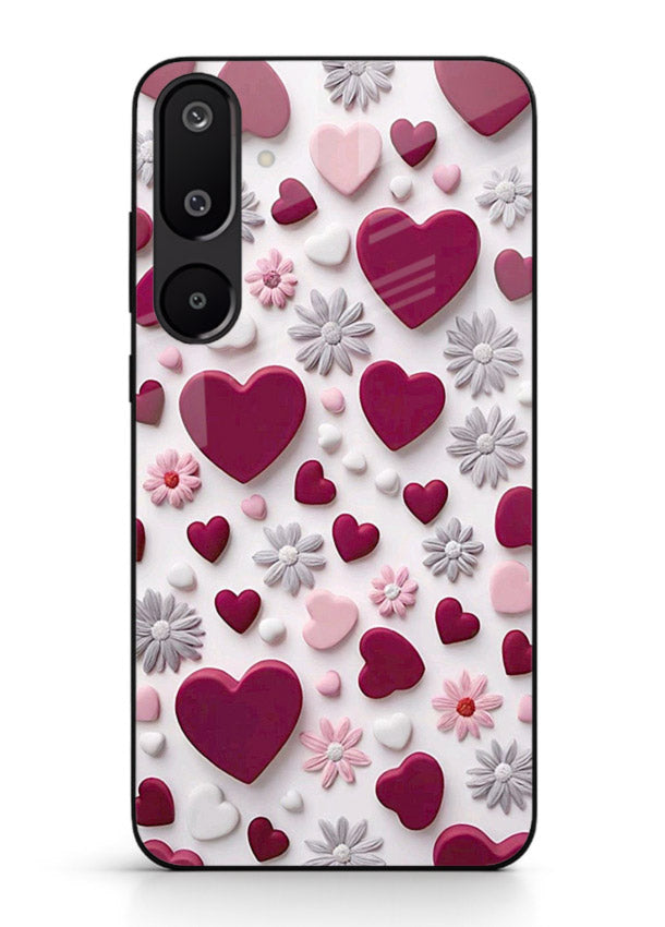 Heart and blossom artwork on Samsung F16 5G glass back cover with cute romantic detailing.