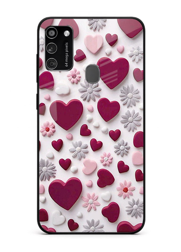 Heart and blossom artwork on Samsung M30s glass back cover with cute romantic detailing.