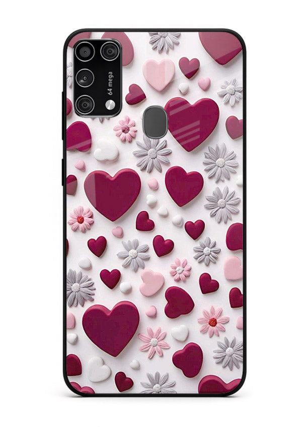 Heart and blossom artwork on Samsung M31 Prime glass back cover with cute romantic detailing.