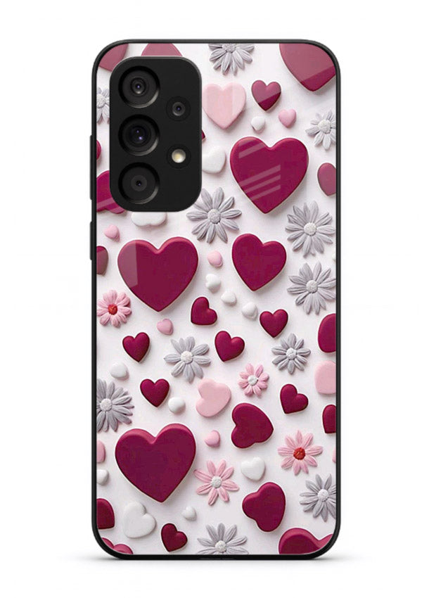 Heart and blossom artwork on Samsung A23 5G glass back cover with cute romantic detailing.