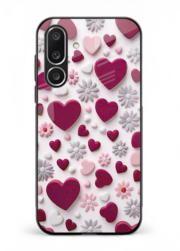 Heart and blossom artwork on Samsung M36 5G glass back cover with cute romantic detailing.