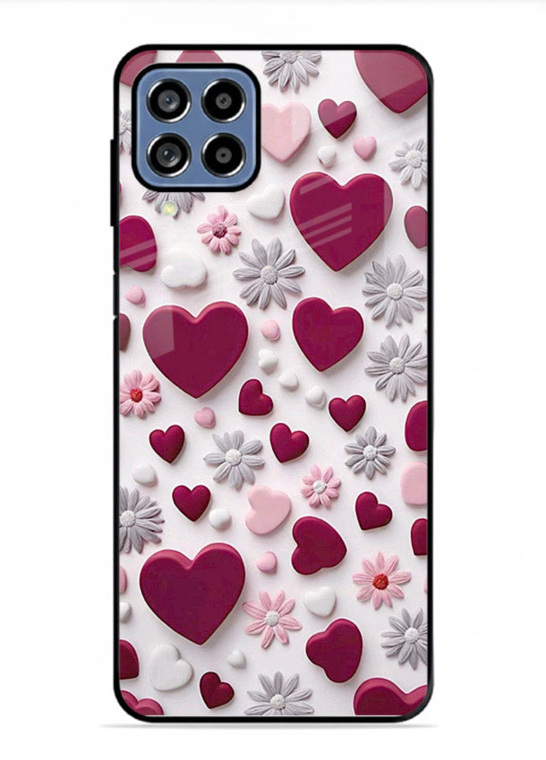 Heart and blossom artwork on Samsung F12 5G glass back cover with cute romantic detailing.