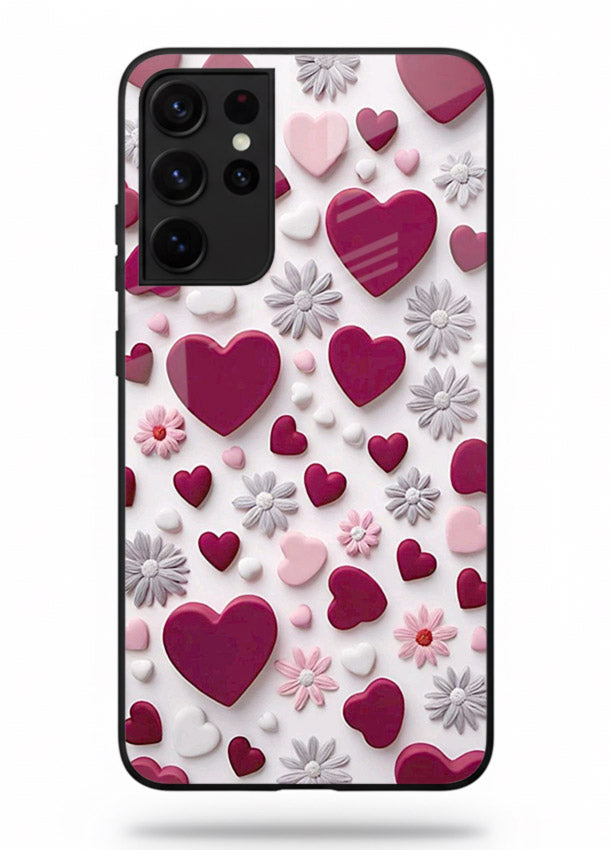 Heart and blossom artwork on Samsung S21 Ultra glass back cover with cute romantic detailing.