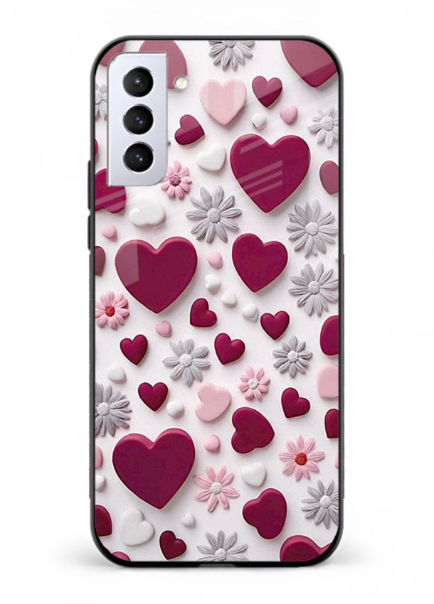 Heart and blossom artwork on Samsung S21 Plus glass back cover with cute romantic detailing.