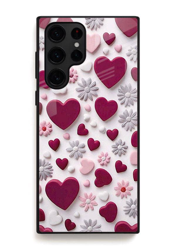 Heart and blossom artwork on Samsung S24 Ultra glass back cover with cute romantic detailing.