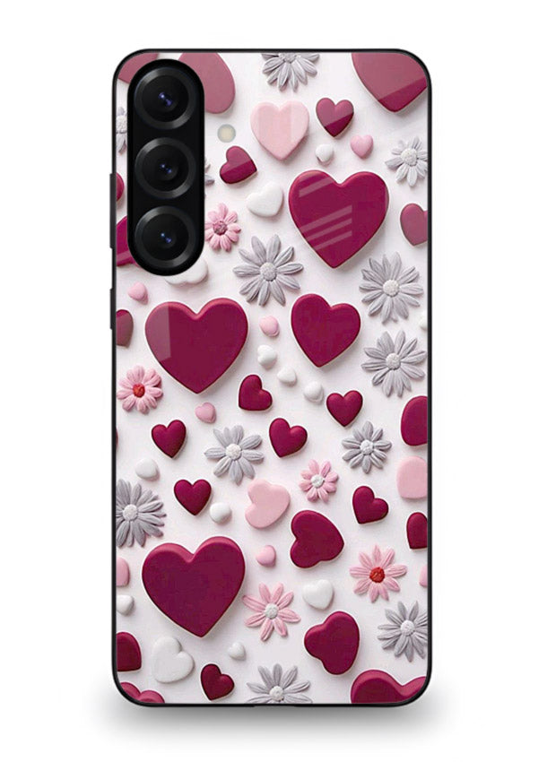 Heart and blossom artwork on Samsung A25 5G glass back cover with cute romantic detailing.