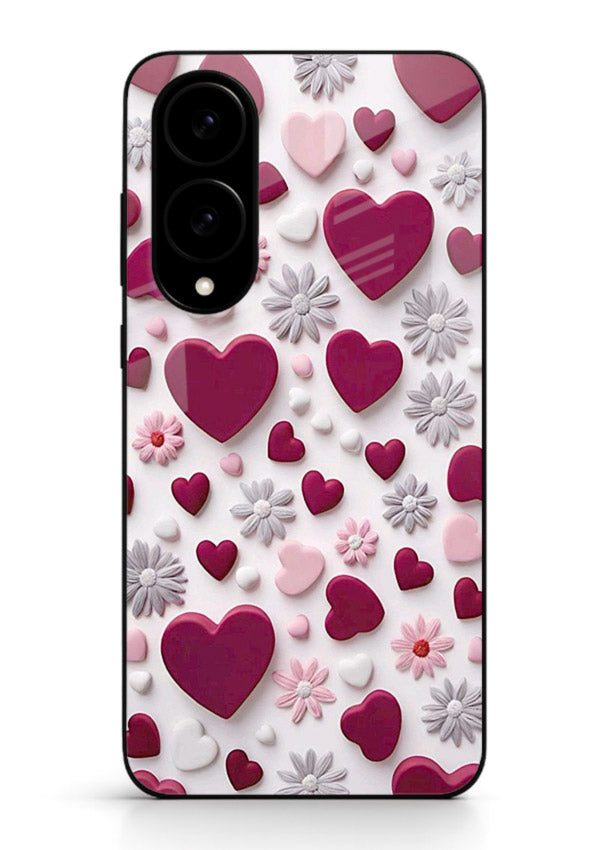Heart and blossom artwork on Samsung S25 Edge glass back cover with cute romantic detailing.