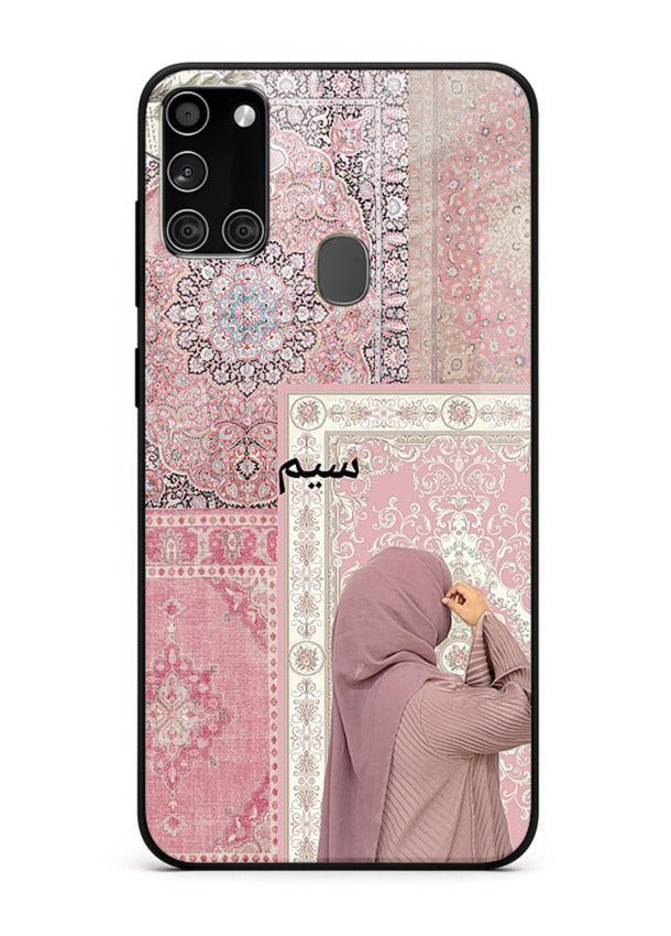 Hijab portrait artwork printed on tempered glass Samsung A21s back cover
