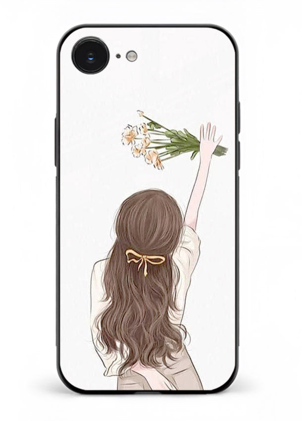 Minimal sketch quote printed on iphone 16e glass back cover with calm tones.