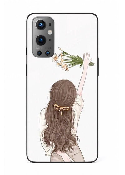 Minimal sketch quote printed on OnePlus 9 glass back cover with calm tones.