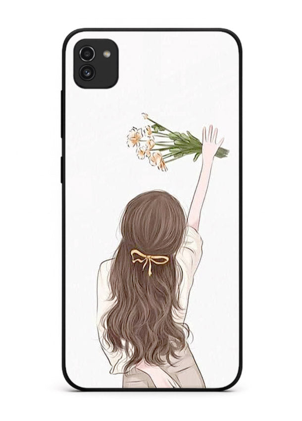 Minimal sketch quote printed on Samsung A03 glass back cover with calm tones.