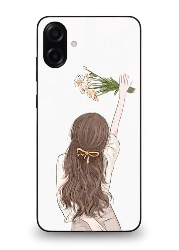 Minimal sketch quote printed on Samsung A06 5G glass back cover with calm tones.