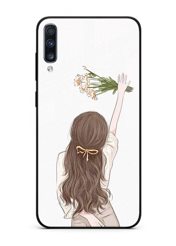 Minimal sketch quote printed on Samsung A70 glass back cover with calm tones.