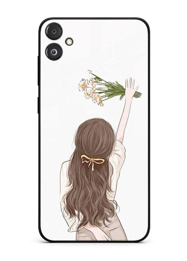 Minimal sketch quote printed on Samsung F05 5G glass back cover with calm tones.