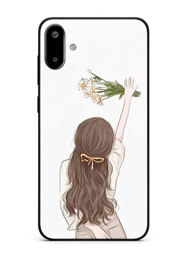 Minimal sketch quote printed on Samsung F06 5G glass back cover with calm tones.