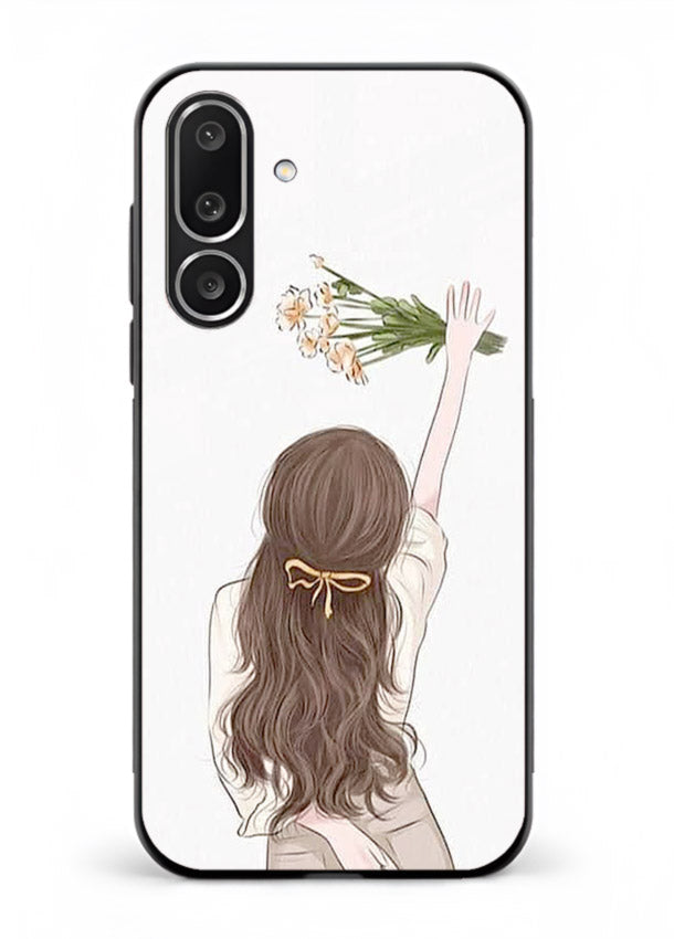 Minimal sketch quote printed on Samsung F56 5G glass back cover with calm tones.