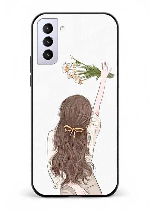 Minimal sketch quote printed on Samsung S21 Plus glass back cover with calm tones.