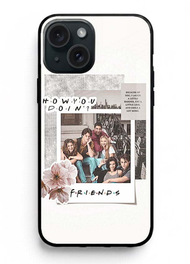 Sitcom collage artwork printed on premium tempered glass iPhone 15 Plus back cover
