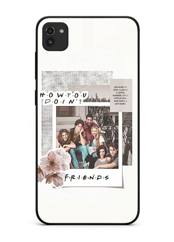 Sitcom collage artwork printed on premium tempered glass Samsung A03 back cover
