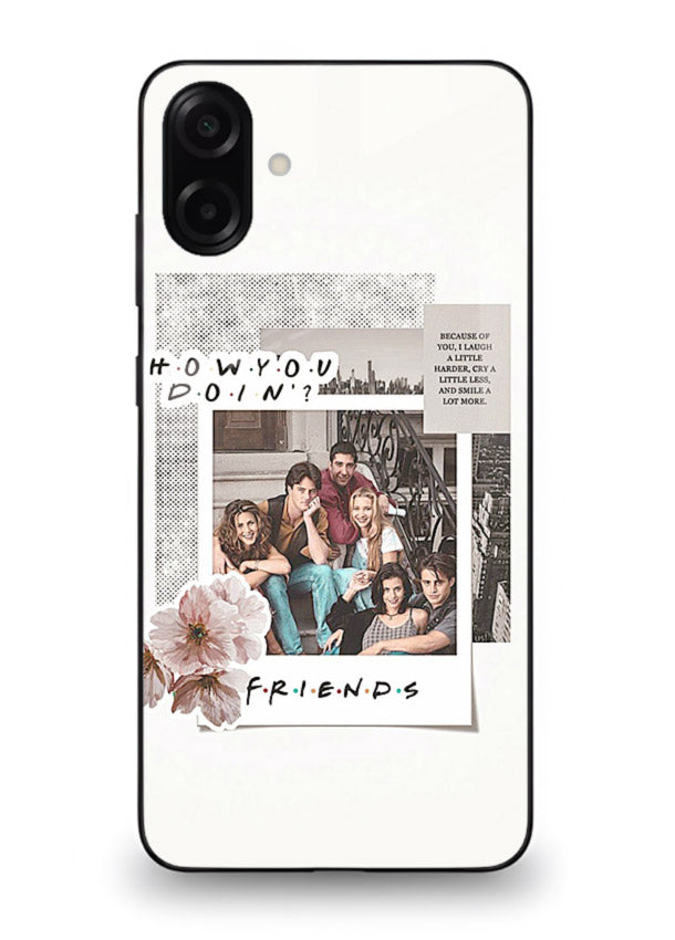 Sitcom collage artwork printed on premium tempered glass Samsung A06 5G back cover