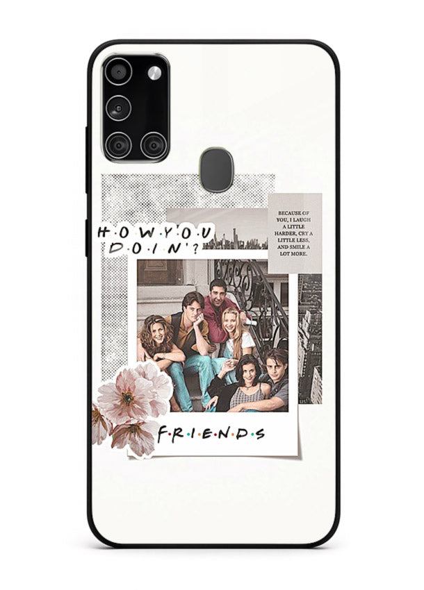 Sitcom collage artwork printed on premium tempered glass Samsung A21s back cover