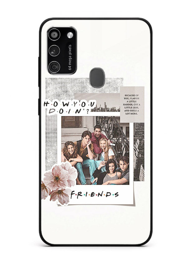 Sitcom collage artwork printed on premium tempered glass Samsung M30s back cover