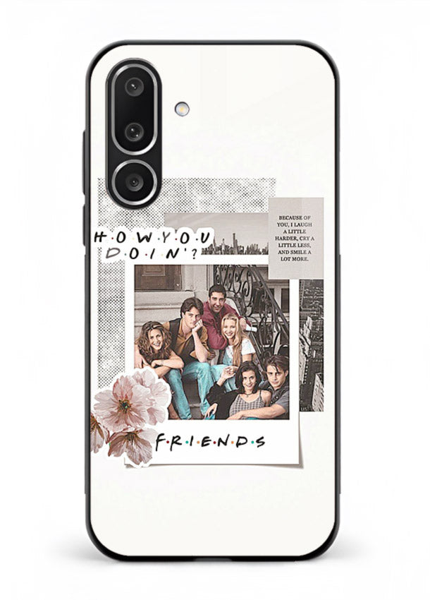 Sitcom collage artwork printed on premium tempered glass Samsung F56 5G back cover