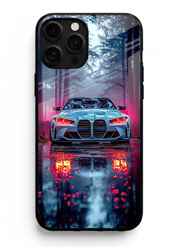 Racing drift car design on premium tempered glass iPhone 15 Pro Max back cover