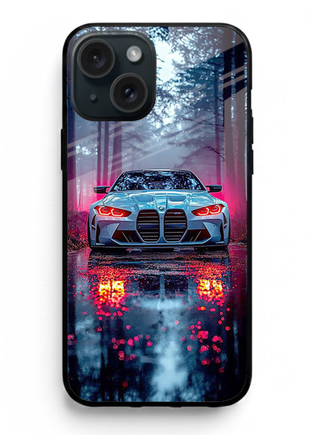 Racing drift car design on premium tempered glass iPhone 14 back cover