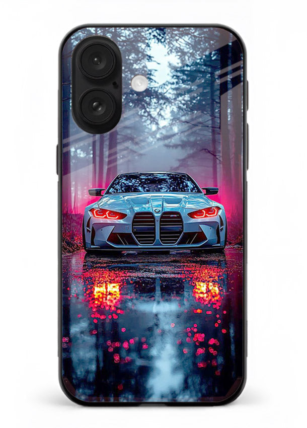 Racing drift car design on premium tempered glass iPhone 16 back cover