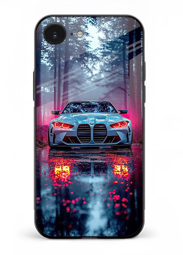 Racing drift car design on premium tempered glass iPhone 16E back cover