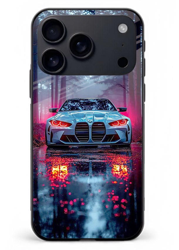 Racing drift car design on premium tempered glass iPhone 18 Pro Max back cover