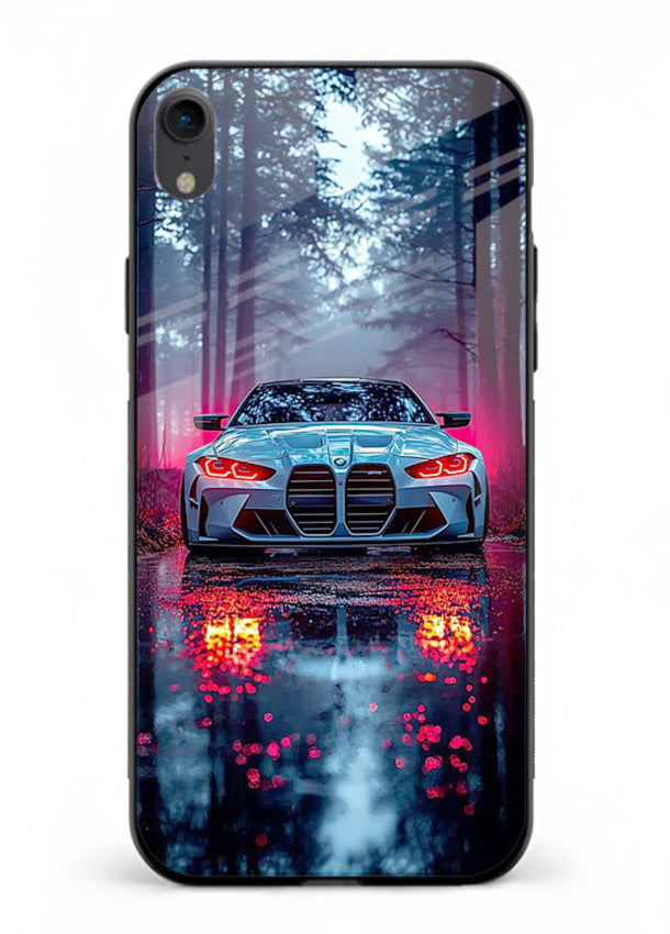 Racing drift car design on premium tempered glass iPhone XR back cover