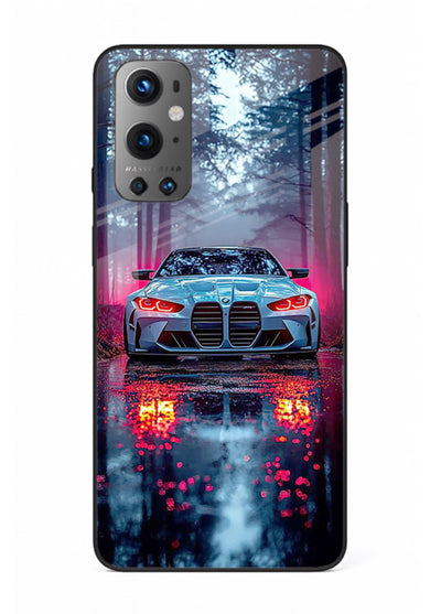 Racing drift car design on premium tempered glass OnePlus 9 back cover