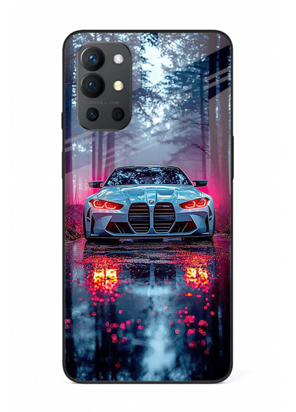 Racing drift car design on premium tempered glass OnePlus 9R back cover