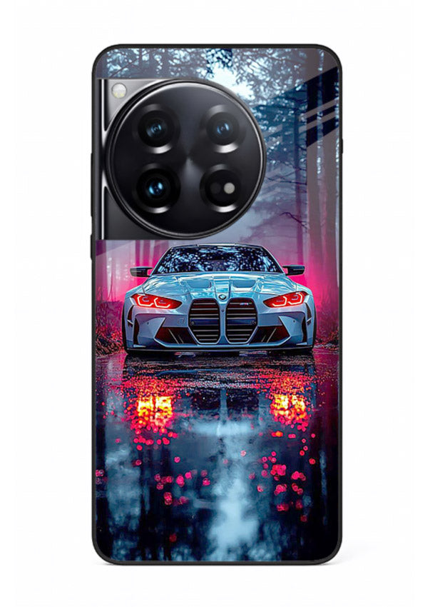 Racing drift car design on premium tempered glass OnePlus 12 back cover