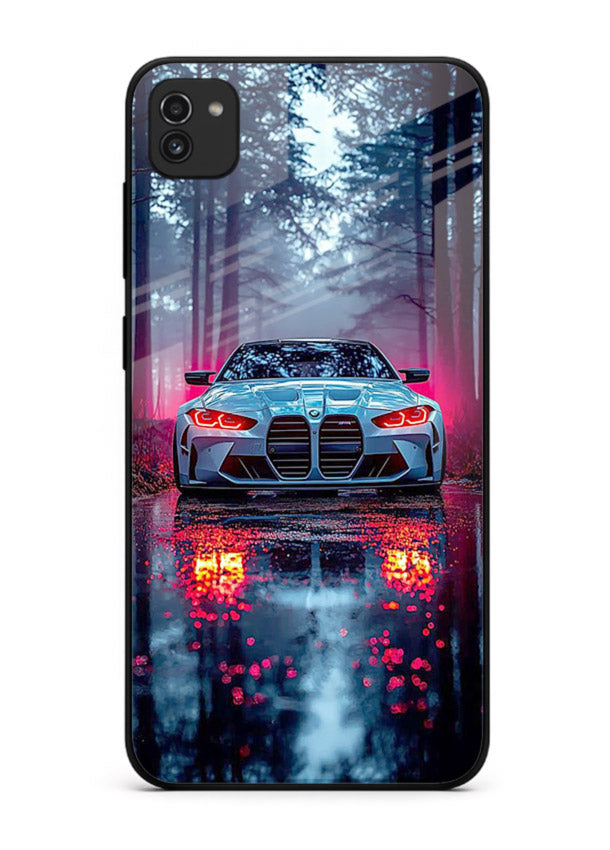 Racing drift car design on premium tempered glass Samsung A03 back cover
