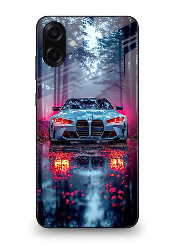 Racing drift car design on premium tempered glass Samsung A06 5G back cover